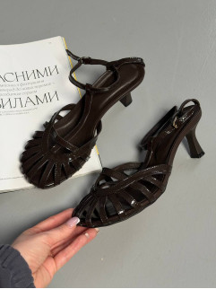 Босоножки женские кожаные шоколадные на каблуке 5523-2 additional